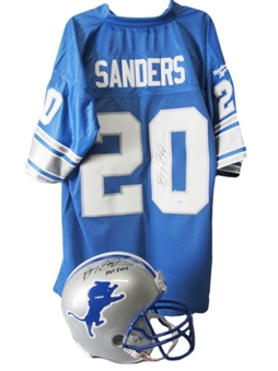 Barry Sanders Signed Jersey and Helmet with Hall of Fame inscription